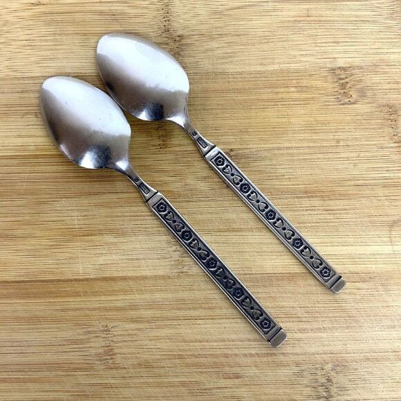 Gorham Hacienda 2 Oval Soup Spoons Stainless Steel Flatware Floral Vtg 1960s - Picture 2 of 4